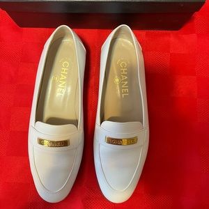 CHANEL white logo loafers, genuine